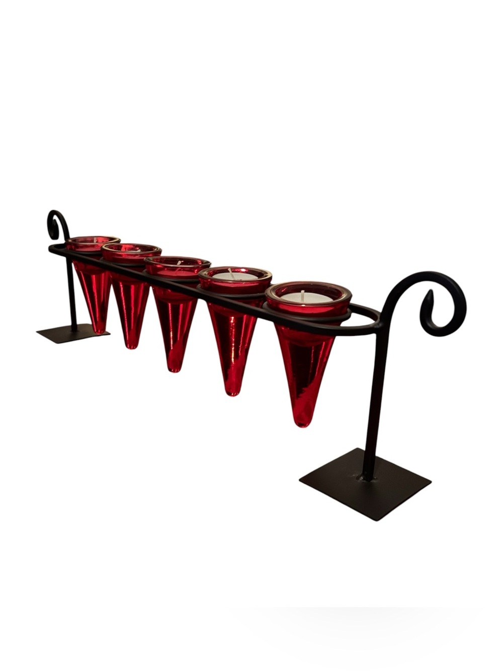Red Glass Votive Candle Holder Set of 5  with Black Metal Centerpiece Stand